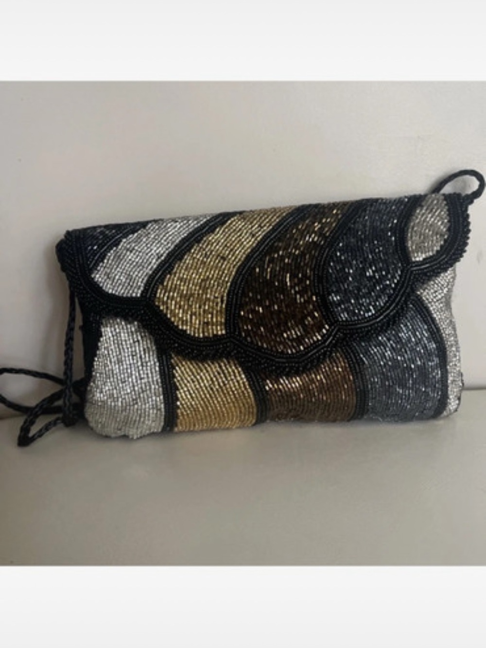 Metallic Beaded Wave Scallop Evening Clutch - Black, Gold, Silver